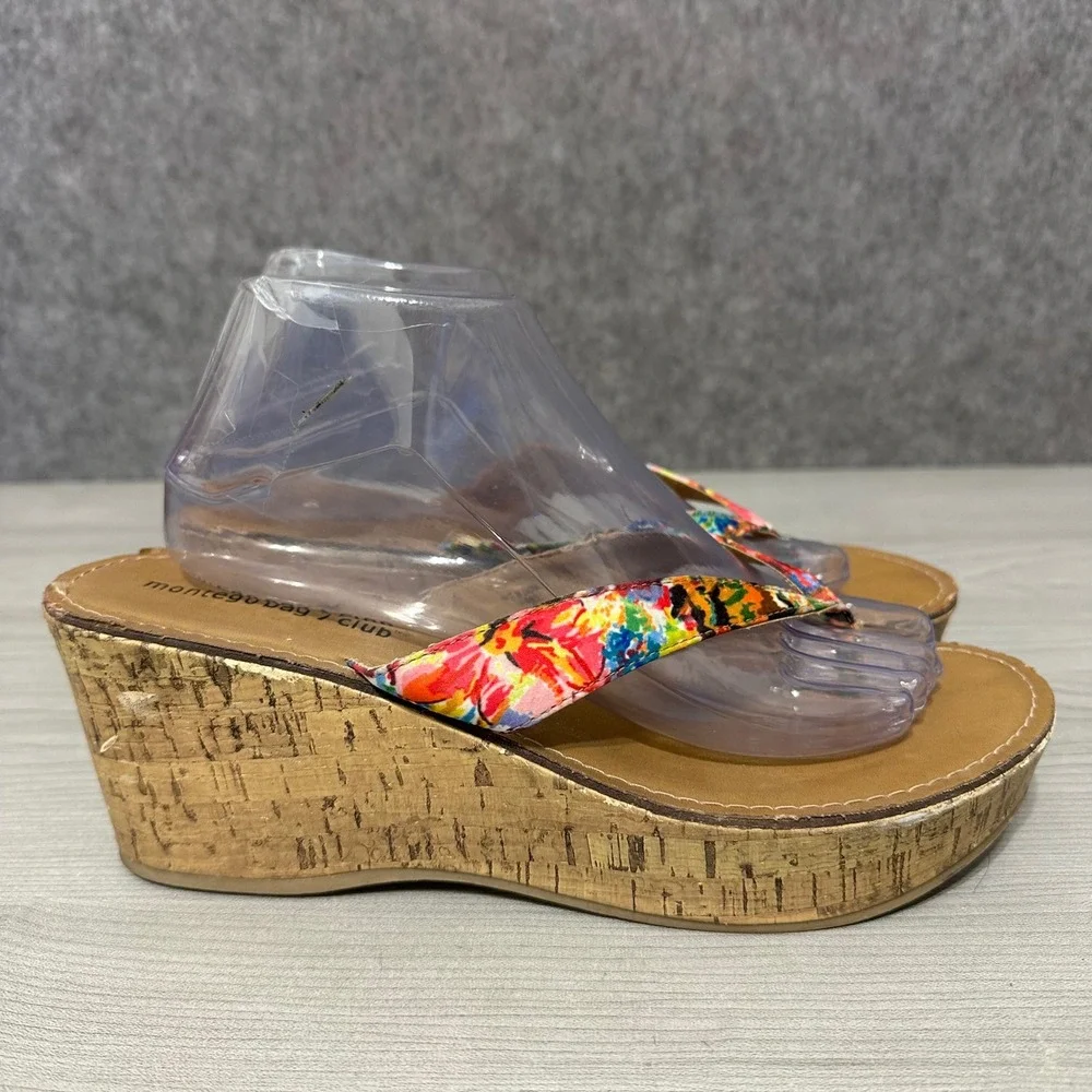 Montego Bay Club Womens Sz 10 Multicolor Floral Cork‎ Wedge Thong Sandals